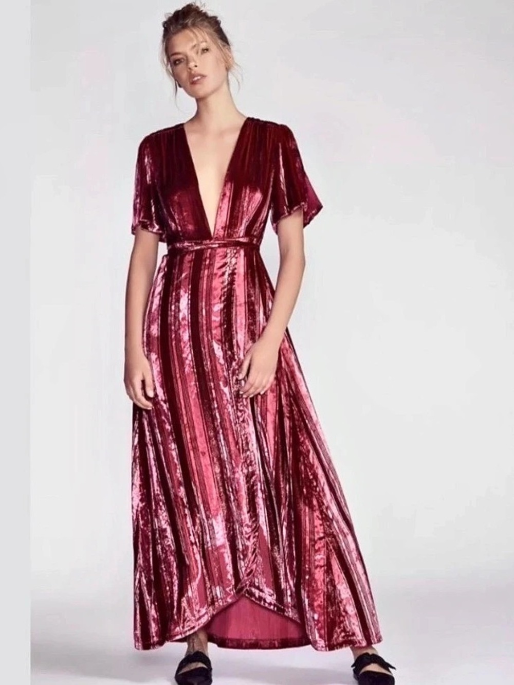 Free People Kara Velvet Wrap Maxi Dress, Burgundy Metallic Stripe, Size S